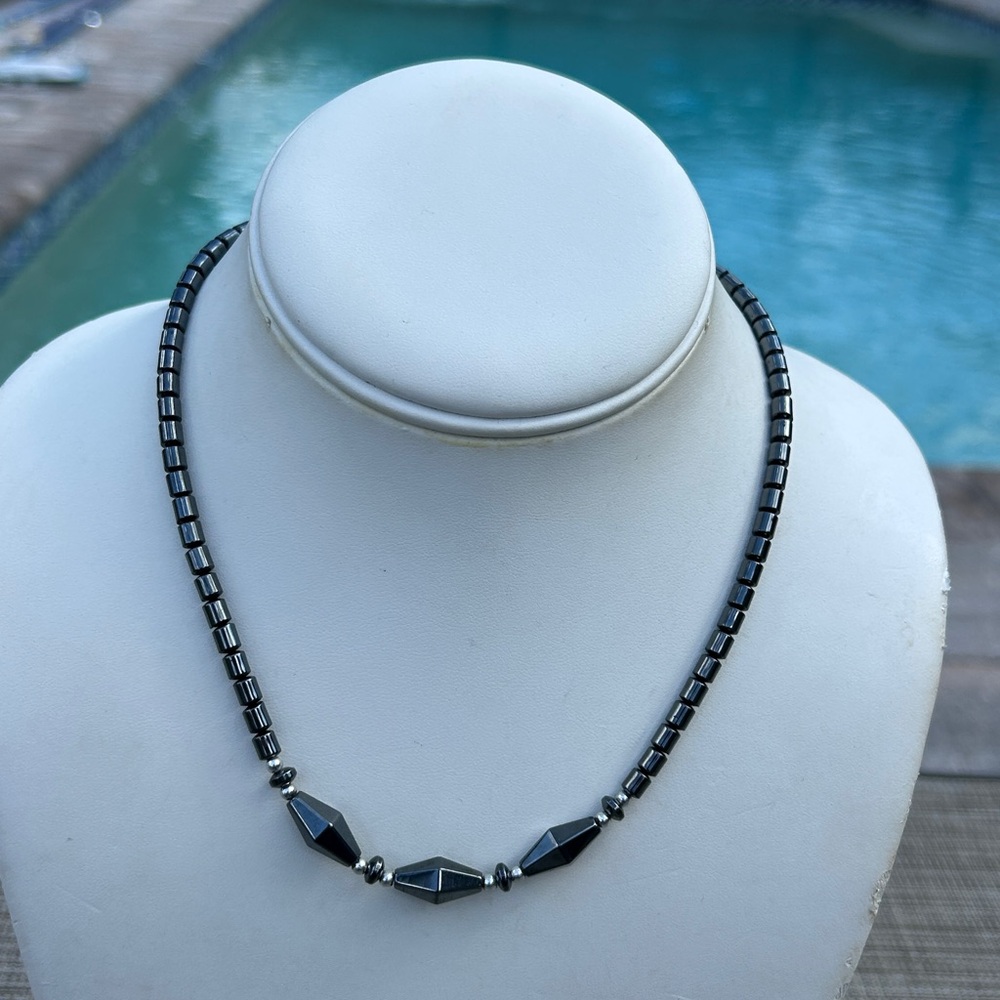 Genuine Hematite Faceted Bead Necklace Unisex Vintage Stone Jewelry 17